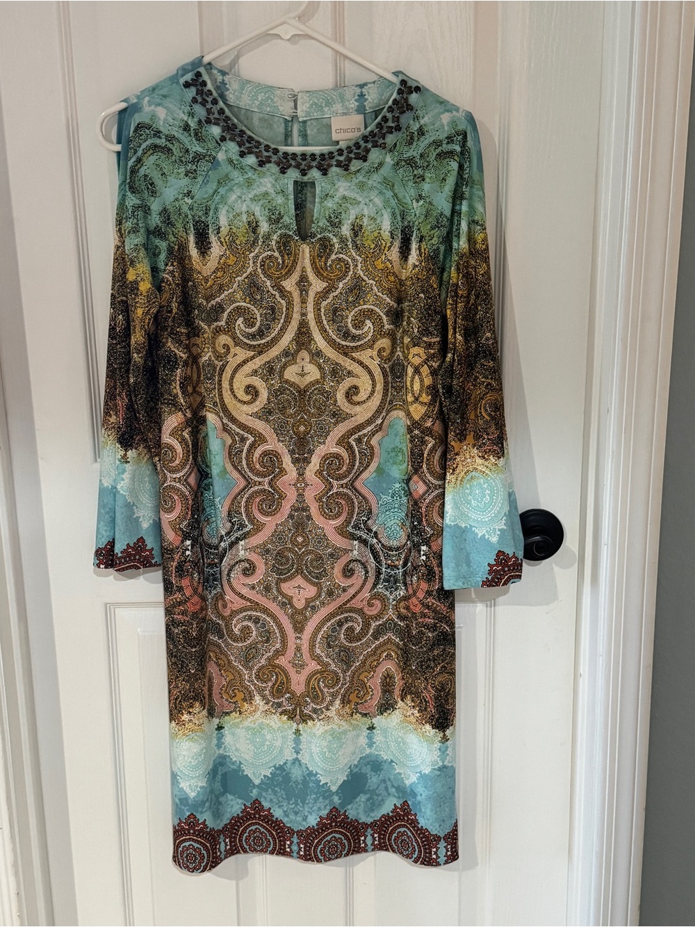 Chico's Multicolor Ornate Print Shift Dress - Teal, Pink & Brown